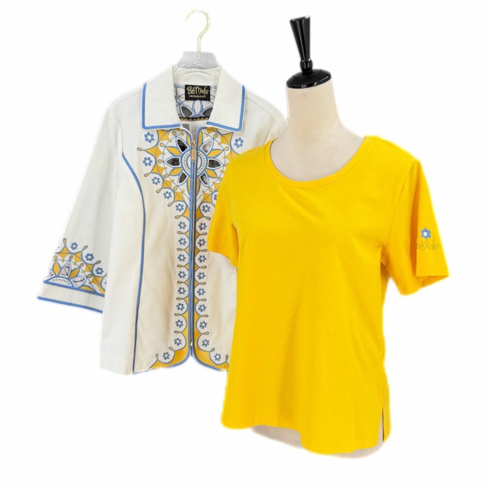 Bob Mackie NEW Embroidered Boho Southwestern Vintage Yellow Tee White Jacket SET